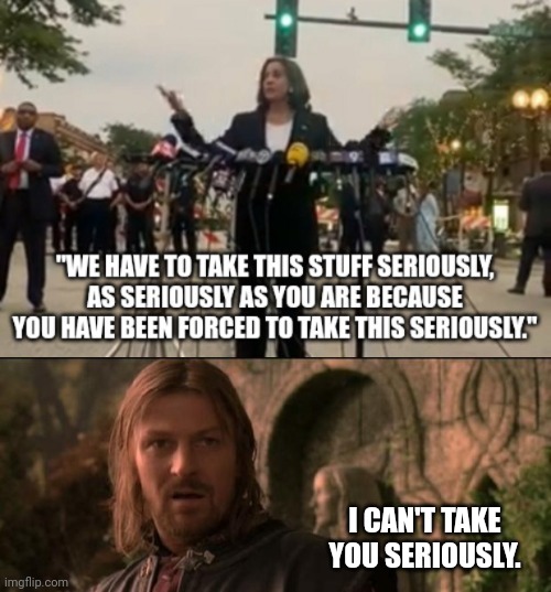 No one can take her seriously. | I CAN'T TAKE YOU SERIOUSLY. | image tagged in wtf is that boromir | made w/ Imgflip meme maker