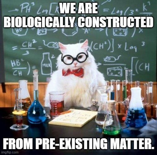 Chemistry Cat Meme | WE ARE BIOLOGICALLY CONSTRUCTED FROM PRE-EXISTING MATTER. | image tagged in memes,chemistry cat | made w/ Imgflip meme maker