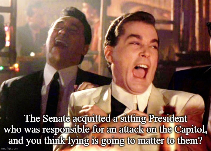 Good Fellas Hilarious Meme | The Senate acquitted a sitting President who was responsible for an attack on the Capitol, and you think lying is going to matter to them? | image tagged in memes,good fellas hilarious | made w/ Imgflip meme maker