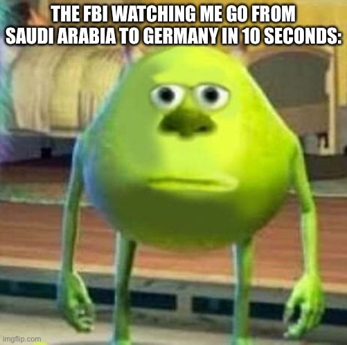 Vpn | THE FBI WATCHING ME GO FROM SAUDI ARABIA TO GERMANY IN 10 SECONDS: | image tagged in mike wasowski sully face swap | made w/ Imgflip meme maker