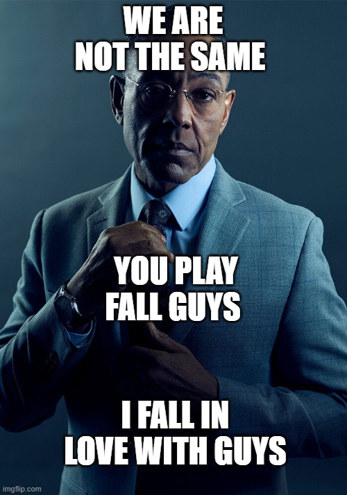 fr | WE ARE NOT THE SAME; YOU PLAY FALL GUYS; I FALL IN LOVE WITH GUYS | image tagged in gus fring we are not the same | made w/ Imgflip meme maker