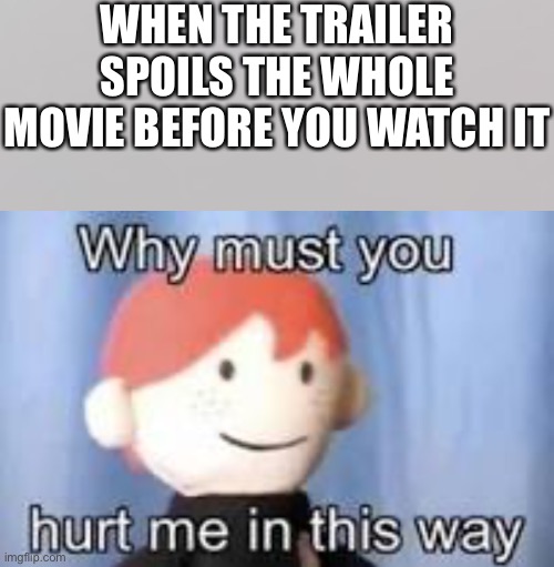 This just happened to me |  WHEN THE TRAILER SPOILS THE WHOLE MOVIE BEFORE YOU WATCH IT | image tagged in why must you hurt me in this way,angery | made w/ Imgflip meme maker