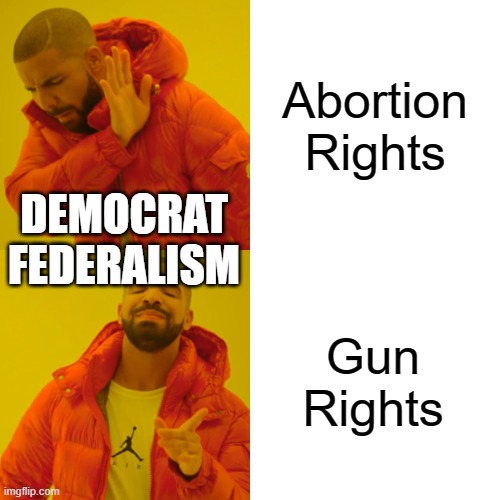 Drake Hotline Bling Meme | Abortion Rights; DEMOCRAT FEDERALISM; Gun Rights | image tagged in memes,drake hotline bling | made w/ Imgflip meme maker