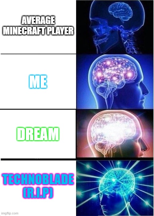 POV minecraft players | AVERAGE MINECRAFT PLAYER; ME; DREAM; TECHNOBLADE (R.I.P) | image tagged in memes,expanding brain,minecraft,dream,technoblade | made w/ Imgflip meme maker