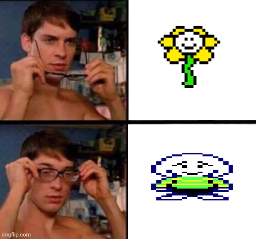 flowey is a goat | image tagged in peter parker's glasses,memes,undertale | made w/ Imgflip meme maker