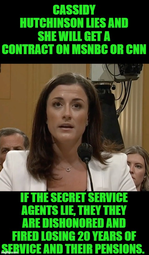 yep | CASSIDY HUTCHINSON LIES AND SHE WILL GET A CONTRACT ON MSNBC OR CNN; IF THE SECRET SERVICE AGENTS LIE, THEY THEY ARE DISHONORED AND FIRED LOSING 20 YEARS OF SERVICE AND THEIR PENSIONS. | image tagged in cassidy hutchinson | made w/ Imgflip meme maker