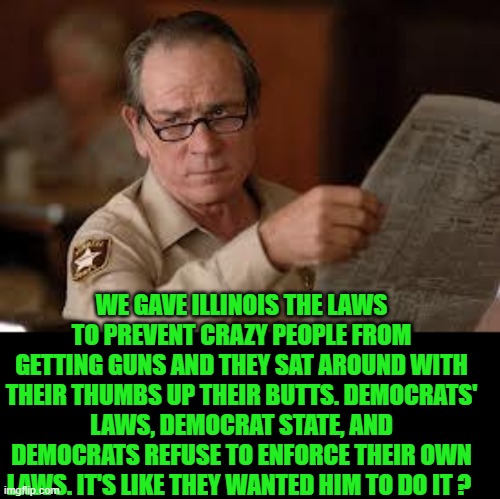 no country for old men tommy lee jones | WE GAVE ILLINOIS THE LAWS TO PREVENT CRAZY PEOPLE FROM GETTING GUNS AND THEY SAT AROUND WITH THEIR THUMBS UP THEIR BUTTS. DEMOCRATS' LAWS, D | image tagged in no country for old men tommy lee jones | made w/ Imgflip meme maker