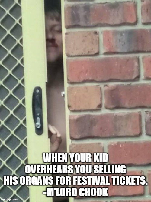 Organ swap |  WHEN YOUR KID OVERHEARS YOU SELLING HIS ORGANS FOR FESTIVAL TICKETS.
-M'LORD CHOOK | image tagged in kids,funny,family,metal,heavy metal | made w/ Imgflip meme maker