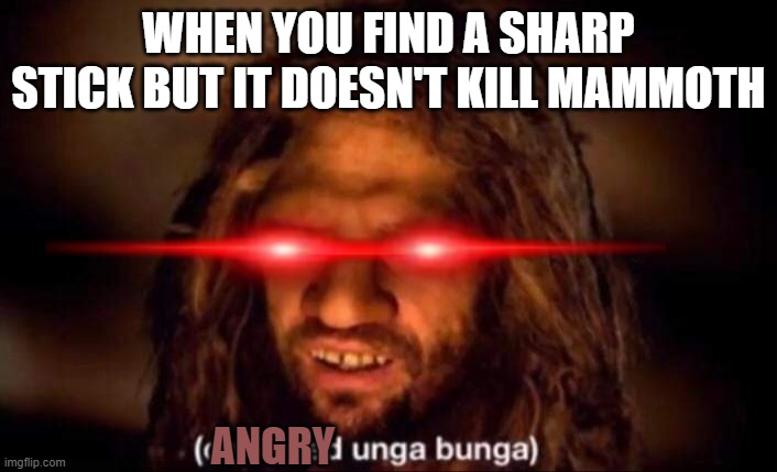 Sharp stick not kill |  WHEN YOU FIND A SHARP STICK BUT IT DOESN'T KILL MAMMOTH; ANGRY | image tagged in confused unga bunga,angry,stick | made w/ Imgflip meme maker