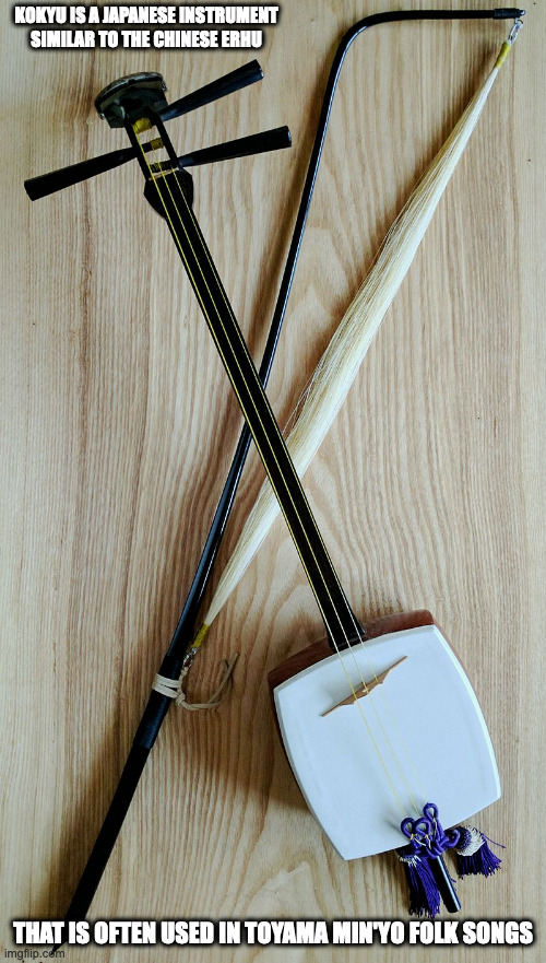 Kokyu | KOKYU IS A JAPANESE INSTRUMENT SIMILAR TO THE CHINESE ERHU; THAT IS OFTEN USED IN TOYAMA MIN'YO FOLK SONGS | image tagged in instruments,memes | made w/ Imgflip meme maker