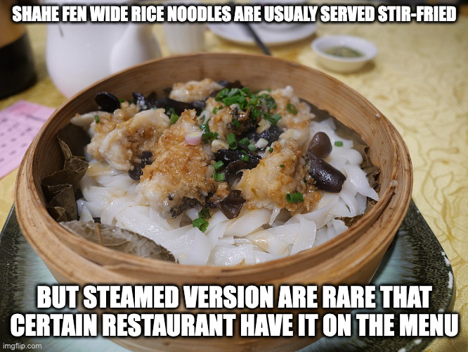 Steamed Shahe Fen Rice Noodles With Fish | SHAHE FEN WIDE RICE NOODLES ARE USUALY SERVED STIR-FRIED; BUT STEAMED VERSION ARE RARE THAT CERTAIN RESTAURANT HAVE IT ON THE MENU | image tagged in food,noodles,memes | made w/ Imgflip meme maker