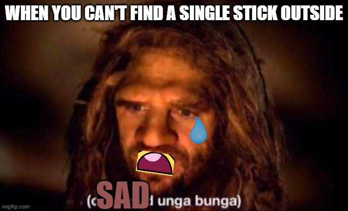 Sad unga bunga man | WHEN YOU CAN'T FIND A SINGLE STICK OUTSIDE; SAD | image tagged in confused unga bunga,sad,stick | made w/ Imgflip meme maker