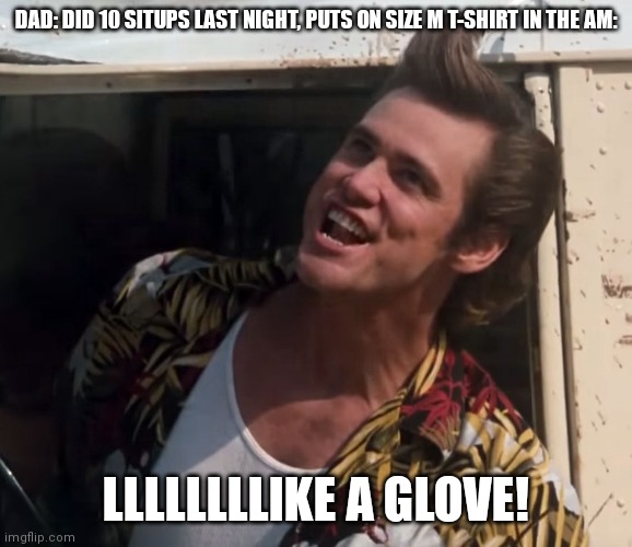 Like a glove | DAD: DID 10 SITUPS LAST NIGHT, PUTS ON SIZE M T-SHIRT IN THE AM:; LLLLLLLLIKE A GLOVE! | image tagged in like a glove | made w/ Imgflip meme maker