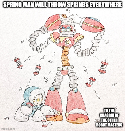 Ice Man and Spring Man | SPRING MAN WILL THROW SPRINGS EVERYWHERE; TO THE CHAGRIN OF THE OTHER ROBOT MASTERS | image tagged in iceman,springman,megaman,memes | made w/ Imgflip meme maker