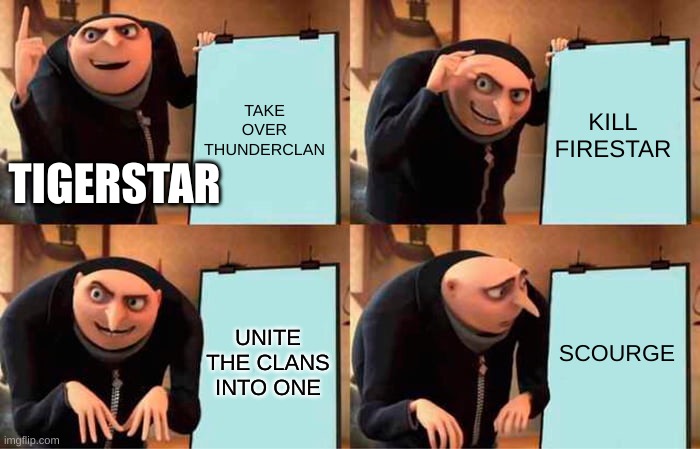 Tigerstar in TPB |  TAKE OVER THUNDERCLAN; KILL FIRESTAR; TIGERSTAR; SCOURGE; UNITE THE CLANS INTO ONE | image tagged in memes,gru's plan,warrior cats | made w/ Imgflip meme maker