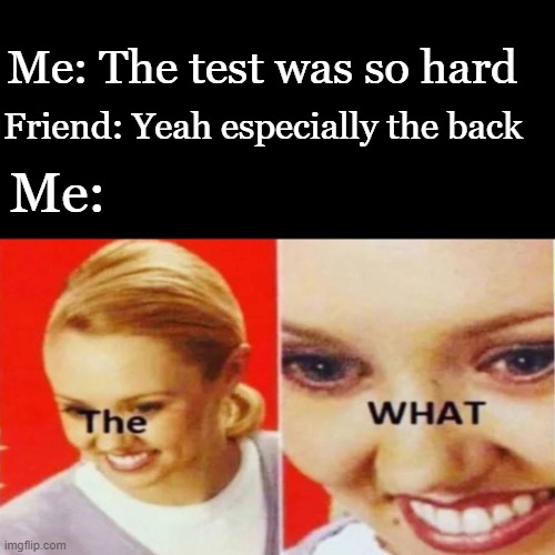 The what |  Me: The test was so hard; Friend: Yeah especially the back; Me: | image tagged in the what,funny memes,test,fun,confused | made w/ Imgflip meme maker