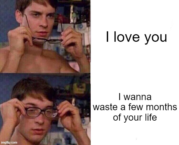 What I love you means |  I love you; I wanna waste a few months of your life | image tagged in spiderman glasses,facts,i love you,oh wow are you actually reading these tags,memes | made w/ Imgflip meme maker