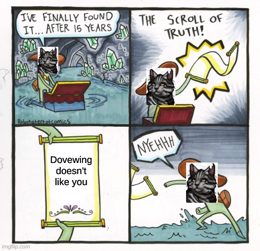 Bumblestripe | Dovewing doesn't like you | image tagged in memes,the scroll of truth,warrior cats meme | made w/ Imgflip meme maker