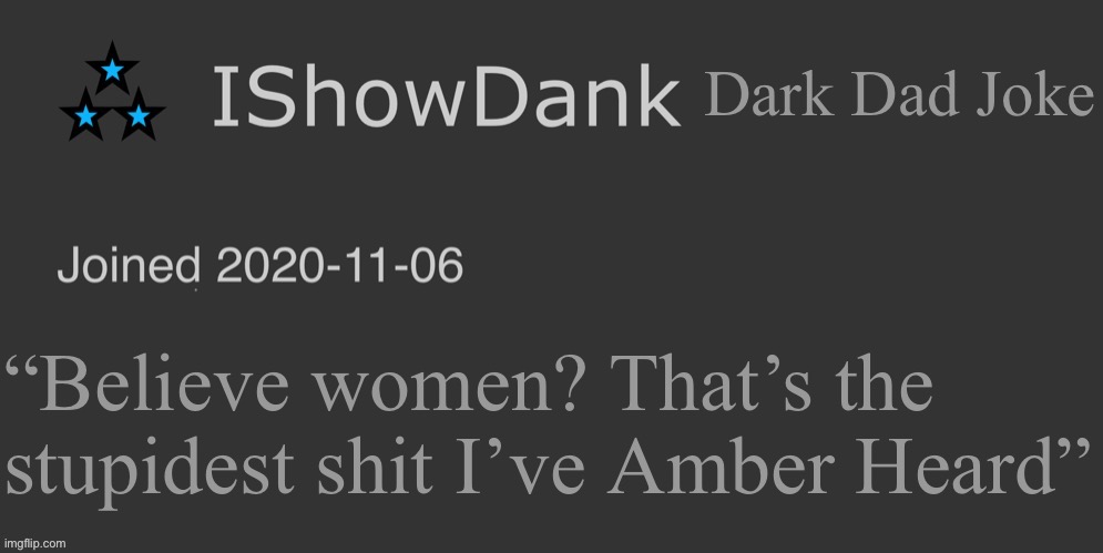 IShowDank minimalist dark mode template | Dark Dad Joke; “Believe women? That’s the stupidest shit I’ve Amber Heard” | image tagged in ishowdank minimalist dark mode template | made w/ Imgflip meme maker