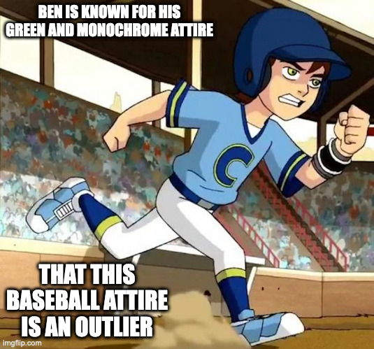 Ben's Baseball Attire | BEN IS KNOWN FOR HIS GREEN AND MONOCHROME ATTIRE; THAT THIS BASEBALL ATTIRE IS AN OUTLIER | image tagged in ben 10,ben tennyson,memes | made w/ Imgflip meme maker