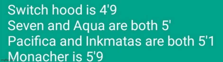 Tilapia is 4'10, True Octo Samurai is 5'3, Jessie is 5', koi is 5', and Evil Inkmatas is 5'1 (118.5 meters when in shin form) | made w/ Imgflip meme maker