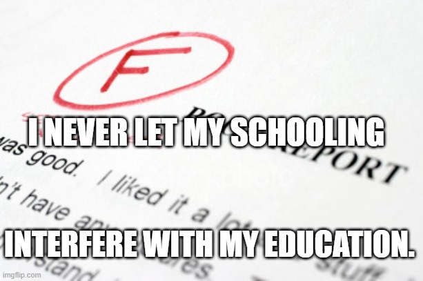 Education | I NEVER LET MY SCHOOLING; INTERFERE WITH MY EDUCATION. | image tagged in bad grades | made w/ Imgflip meme maker