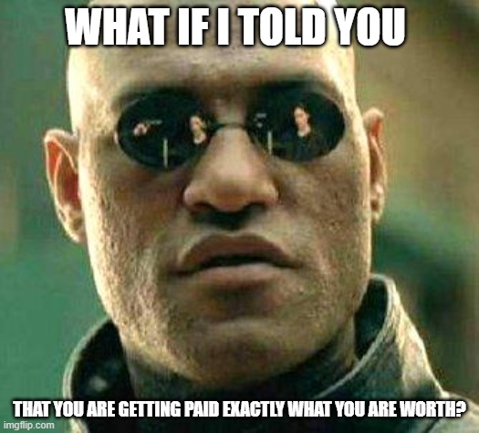 What if i told you | WHAT IF I TOLD YOU; THAT YOU ARE GETTING PAID EXACTLY WHAT YOU ARE WORTH? | image tagged in what if i told you | made w/ Imgflip meme maker