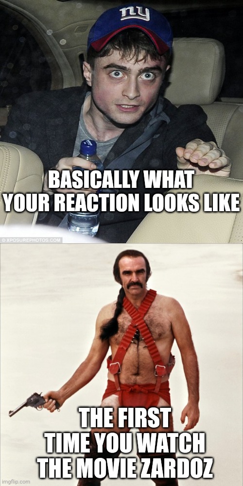 Some movies must be experienced. But only once... | BASICALLY WHAT YOUR REACTION LOOKS LIKE; THE FIRST TIME YOU WATCH THE MOVIE ZARDOZ | image tagged in sean connery zardoz,crazy,experience,classic movies,bizarre,wtf | made w/ Imgflip meme maker