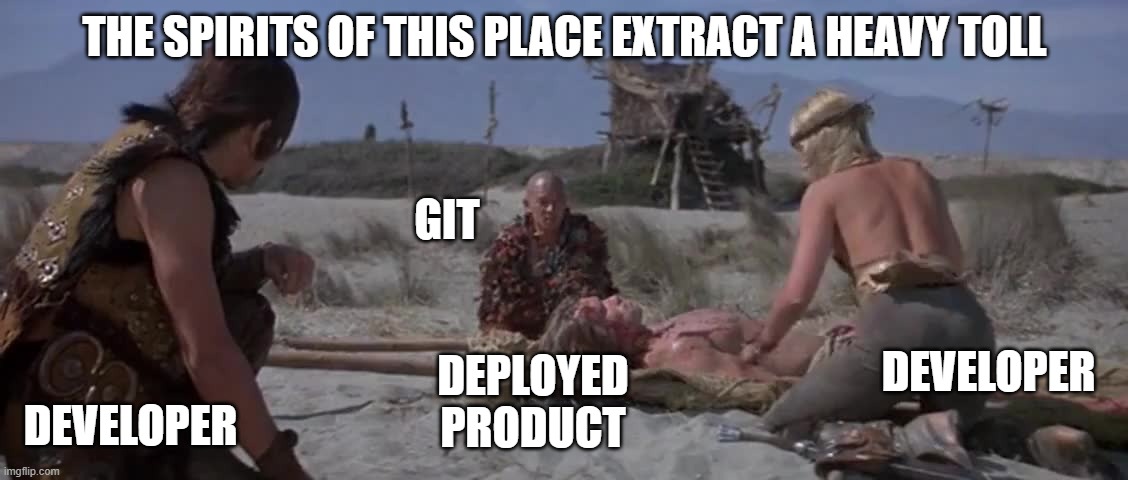 The Spirits of This Place Extract a Heavy Toll | THE SPIRITS OF THIS PLACE EXTRACT A HEAVY TOLL; GIT; DEVELOPER; DEVELOPER; DEPLOYED PRODUCT | image tagged in conan the barbarian | made w/ Imgflip meme maker