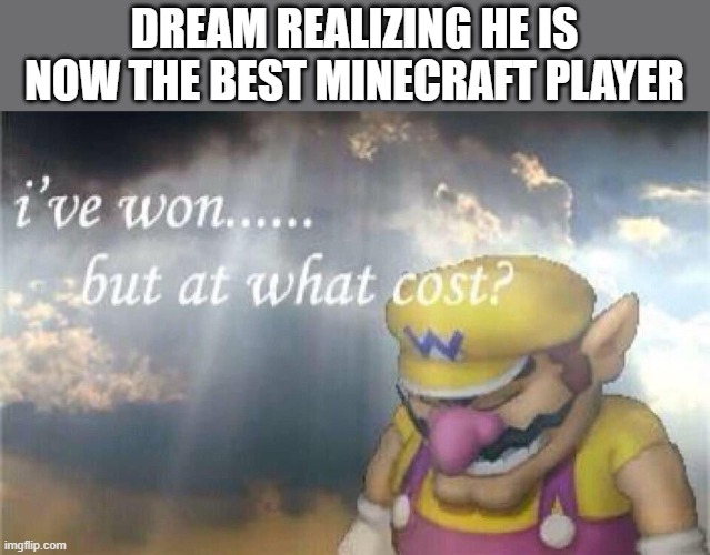 1st meme I've ever made!!!!!!!! RIP Technoblade |  DREAM REALIZING HE IS NOW THE BEST MINECRAFT PLAYER | image tagged in ive won but at what cost | made w/ Imgflip meme maker