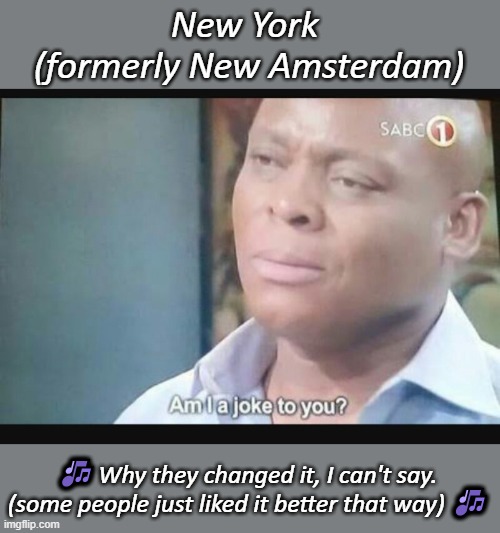 Am I a joke to you? | New York 
(formerly New Amsterdam) ? Why they changed it, I can't say. (some people just liked it better that way) ? | image tagged in am i a joke to you | made w/ Imgflip meme maker