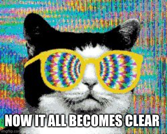 psychedelic cat | NOW IT ALL BECOMES CLEAR | image tagged in psychedelic cat | made w/ Imgflip meme maker