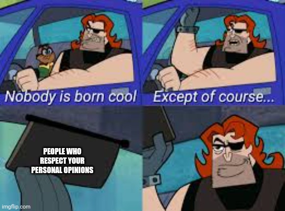 nobody is born cool except of course... | PEOPLE WHO RESPECT YOUR PERSONAL OPINIONS | image tagged in nobody is born cool except of course | made w/ Imgflip meme maker