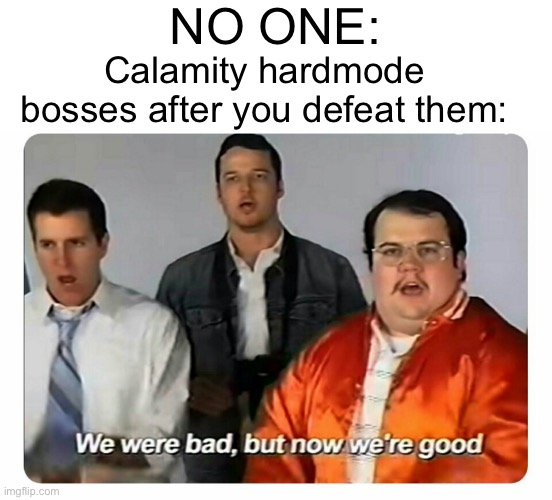 Supreme calamitas and cryogen become npcs | NO ONE:; Calamity hardmode bosses after you defeat them: | image tagged in we were bad but now we are good | made w/ Imgflip meme maker
