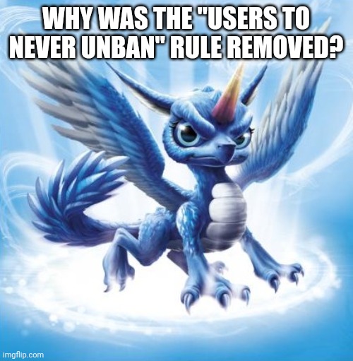 It used to be there. | WHY WAS THE "USERS TO NEVER UNBAN" RULE REMOVED? | image tagged in skylanders whirlwind,memes | made w/ Imgflip meme maker
