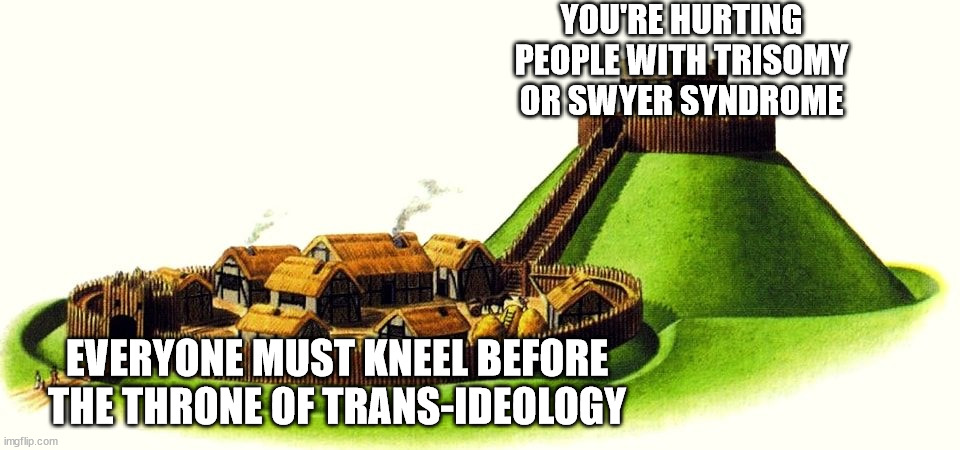 Motte and Bailey | YOU'RE HURTING PEOPLE WITH TRISOMY OR SWYER SYNDROME; EVERYONE MUST KNEEL BEFORE THE THRONE OF TRANS-IDEOLOGY | image tagged in motte and bailey | made w/ Imgflip meme maker
