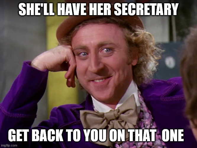 SHE'LL HAVE HER SECRETARY GET BACK TO YOU ON THAT  ONE | made w/ Imgflip meme maker