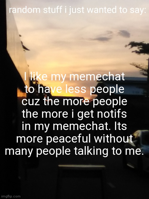 I like my memechat to have less people cuz the more people the more i get notifs in my memechat. Its more peaceful without many people talking to me. | made w/ Imgflip meme maker