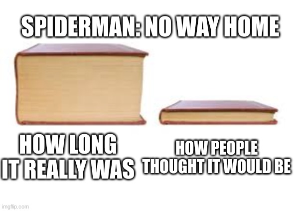 Spiderman |  SPIDERMAN: NO WAY HOME; HOW LONG IT REALLY WAS; HOW PEOPLE THOUGHT IT WOULD BE | image tagged in big book and small book | made w/ Imgflip meme maker