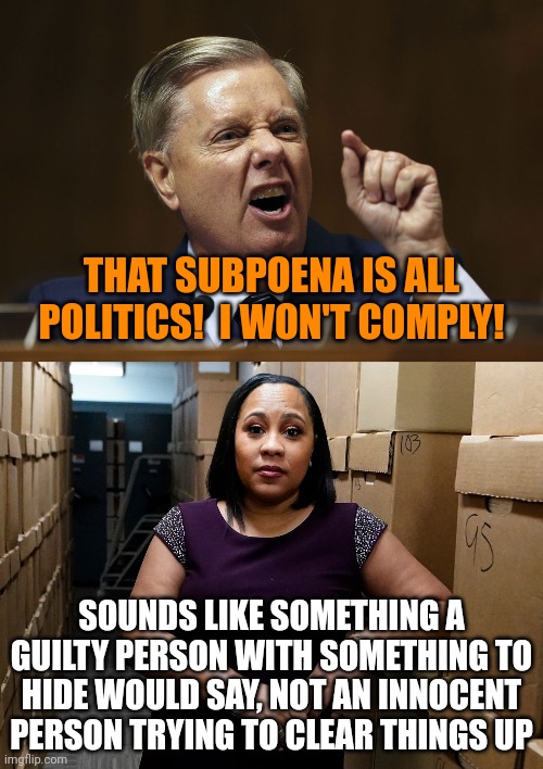 When your politics includes committing crimes | THAT SUBPOENA IS ALL POLITICS!  I WON'T COMPLY! SOUNDS LIKE SOMETHING A GUILTY PERSON WITH SOMETHING TO HIDE WOULD SAY, NOT AN INNOCENT PERSON TRYING TO CLEAR THINGS UP | image tagged in lindsey graham,fani willis,law and order,election fraud,georgia,politics | made w/ Imgflip meme maker