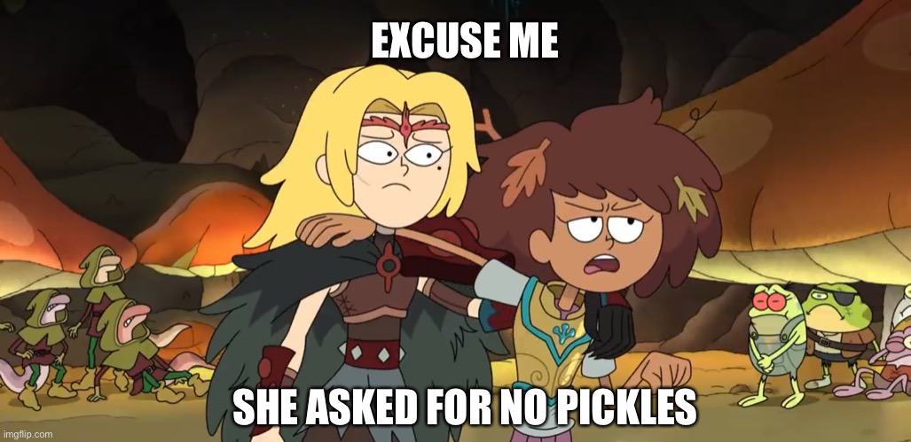 Anne and Sasha meme | EXCUSE ME; SHE ASKED FOR NO PICKLES | image tagged in amphibia,disney channel,pickles,meme,excuse me | made w/ Imgflip meme maker
