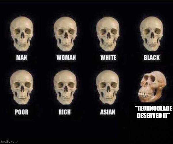 These types of people are degenerates |  "TECHNOBLADE DESERVED IT" | image tagged in technoblade,man woman gay straight skull,idiot skull,white black asian gay straight skull template,skull | made w/ Imgflip meme maker