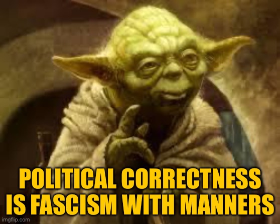 yoda | POLITICAL CORRECTNESS
IS FASCISM WITH MANNERS | image tagged in yoda | made w/ Imgflip meme maker