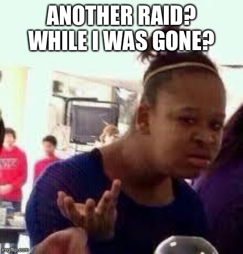 I read the bottom images and thank god | ANOTHER RAID? WHILE I WAS GONE? | image tagged in bruh | made w/ Imgflip meme maker