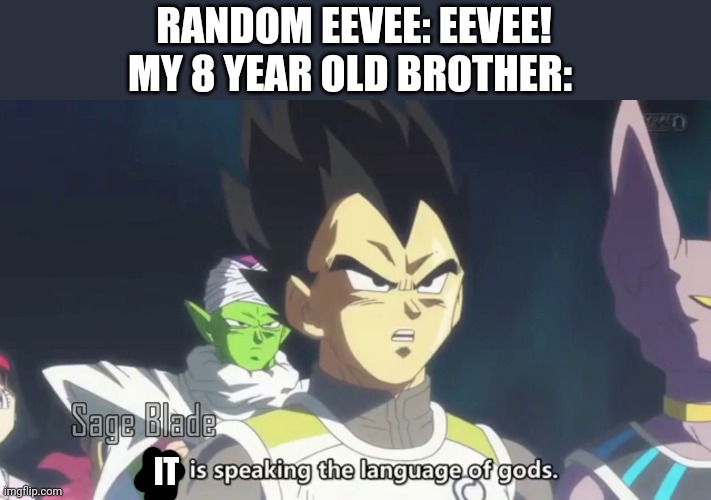 he is speaking the language of the gods | RANDOM EEVEE: EEVEE!
MY 8 YEAR OLD BROTHER:; IT | image tagged in he is speaking the language of the gods | made w/ Imgflip meme maker