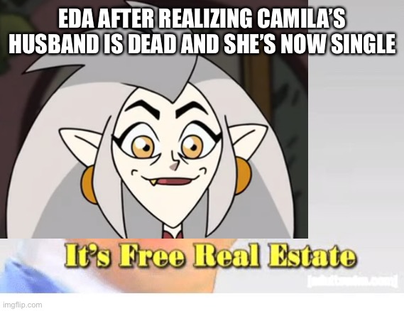 It’s Free Real Estate | EDA AFTER REALIZING CAMILA’S HUSBAND IS DEAD AND SHE’S NOW SINGLE | image tagged in it's free real estate,the owl house | made w/ Imgflip meme maker