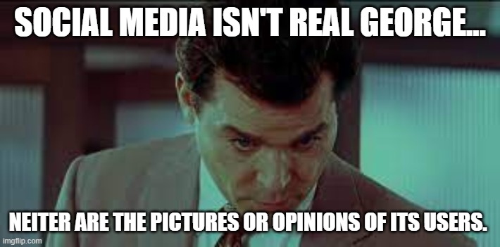 Mic Drop | SOCIAL MEDIA ISN'T REAL GEORGE... NEITER ARE THE PICTURES OR OPINIONS OF ITS USERS. | image tagged in funny | made w/ Imgflip meme maker