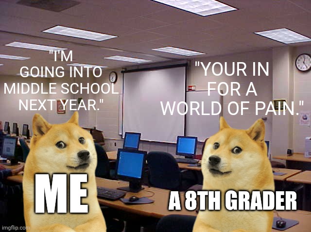 Doges in middle school computer lab | "YOUR IN FOR A WORLD OF PAIN."; "I'M GOING INTO MIDDLE SCHOOL NEXT YEAR."; ME; A 8TH GRADER | image tagged in doges in middle school computer lab,middle school,doge | made w/ Imgflip meme maker