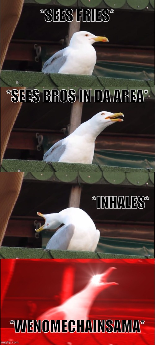 Just a normal seagul... | *SEES FRIES*; *SEES BROS IN DA AREA*; *INHALES*; *WENOMECHAINSAMA* | image tagged in memes,inhaling seagull | made w/ Imgflip meme maker