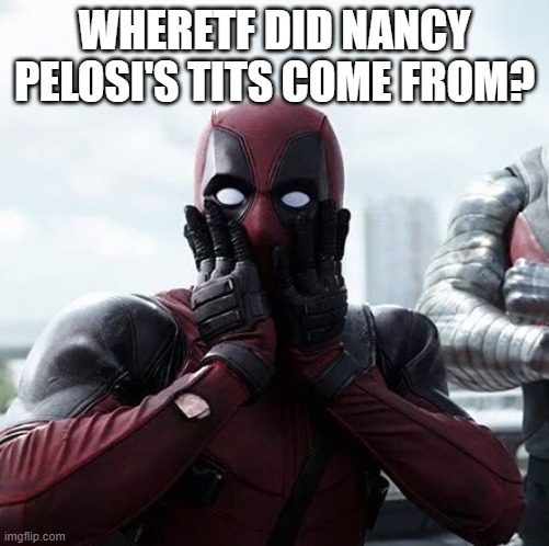 They must be taking blood from her brain | WHERETF DID NANCY PELOSI'S TITS COME FROM? | image tagged in memes,deadpool surprised | made w/ Imgflip meme maker